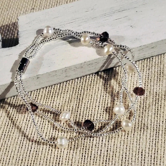 Hand Crafted Freshwater Pearl Austrian Crystal White Purple Twist Bracelet - Picture 2 of 8